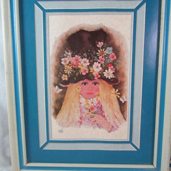 Gruerio Flower Child Prints Girls in Floral Hats Set of 3 Framed Boho Decor 70s - Picture 2 of 7